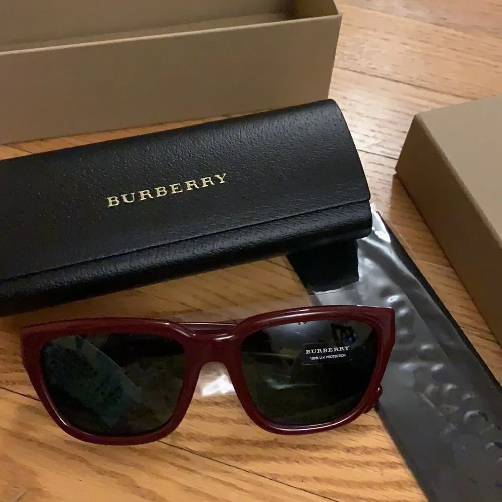 Burberry Bordeaux square sunglasses. New, with tags and case. In box.